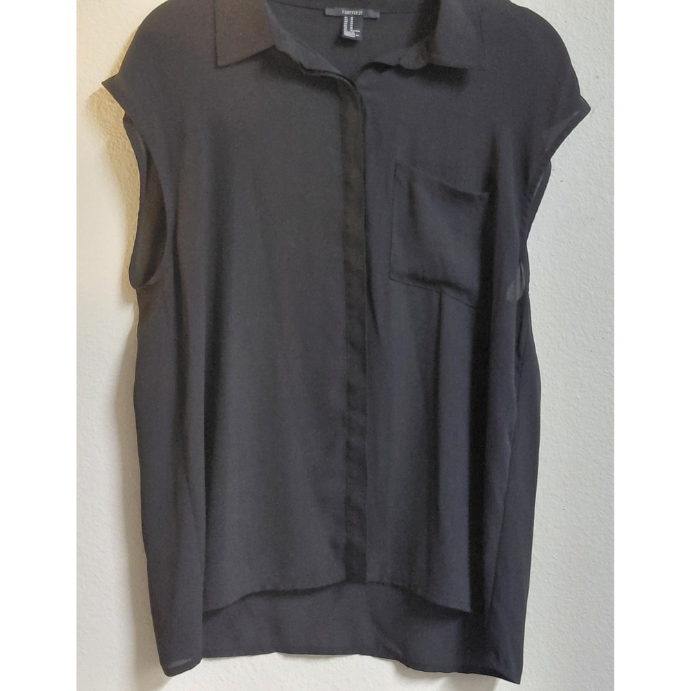 Forever 21 Women's M Black Sheer Button Front Blouse Collared Cap Sleeve Pocket